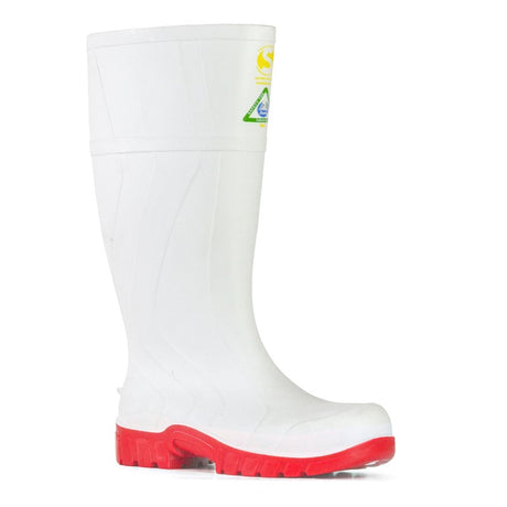 Bata Safemate White/Red gumboots size 3 with steel toe, waterproof upper, and slip-resistant sole for food industry safety.