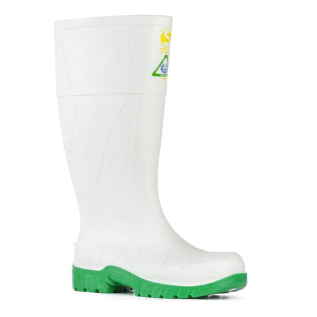 Bata Safemate White/Green Gumboots, size 3, with steel toe, waterproof PVC, slip-resistant outsole for food industry safety.