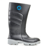 Black Bata Worklite gumboots with safety toe, size 11; water-resistant, slip-resistant, ideal for wet work environments.