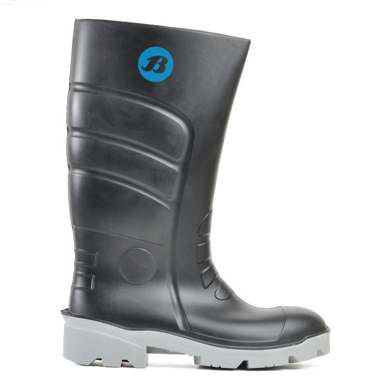 Black Bata Worklite Safety Toe Gumboots, Size 8, featuring waterproof PU, anti-slip outsole, and cold insulation for wet environments.