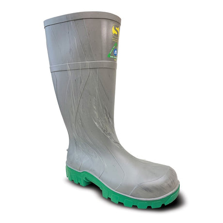 Bata Ecomate Size 3 gumboots, durable PVC, steel toe caps, waterproof, ideal for outdoor work and adventures.