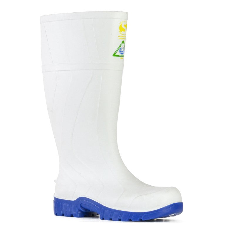 Bata Safemate gumboots in white/blue (size 7) with steel toe, waterproof PVC, and slip-resistant sole for food industry safety.