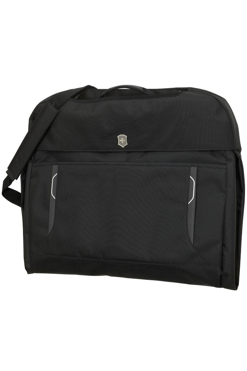 Slim black garment sleeve by Victorinox, designed to keep business attire wrinkle-free with detachable strap and multiple pockets.