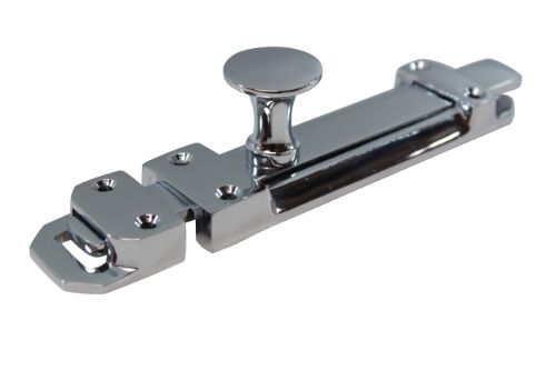 Chrome-plated 100mm slide door bolt made of zinc for enhanced security and modern elegance, perfect for sliding doors.