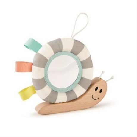 Colorful wooden Hape Hook N' Look Snail toy with mirror, bell, and ribbons for sensory play and exploration for infants.