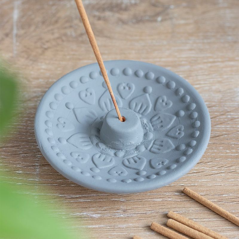 Terracotta Mandala Incense Plate featuring intricate grey design, perfect for meditation and enhancing spiritual practices.