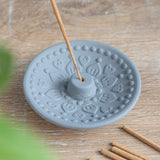 Terracotta Mandala Incense Plate featuring intricate grey design, perfect for meditation and enhancing spiritual practices.