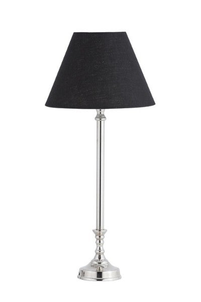 Stylish table lamp with polished nickel base and black linen shade, perfect for modern decor and soft illumination.