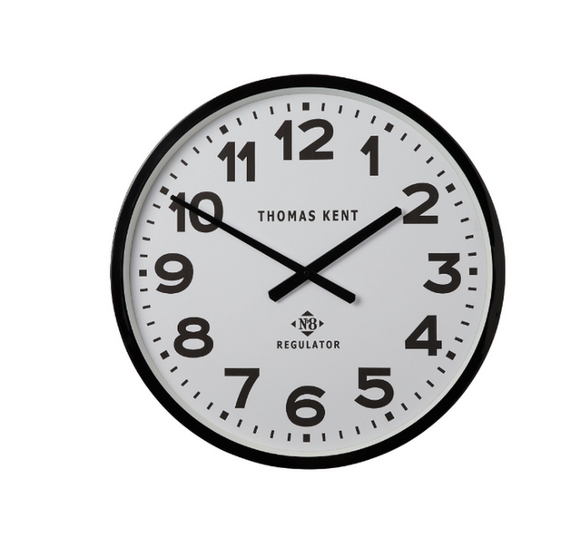 Black and white 30cm wall clock featuring oversized numerals and a sleek industrial design by Thomas Kent. Ideal for any room.