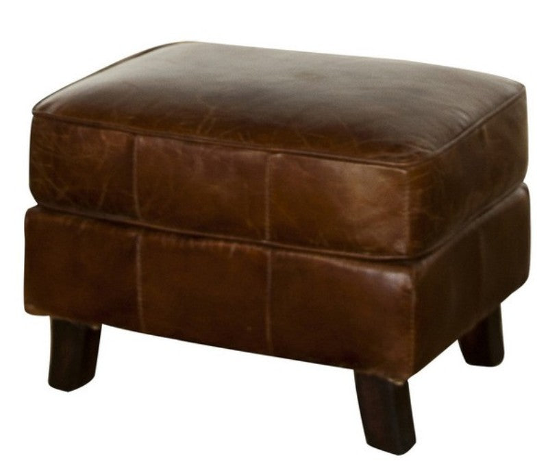 Curved leg ottoman in vintage cigar leather, featuring a durable hardwood frame and plush cushioning for comfort and style.