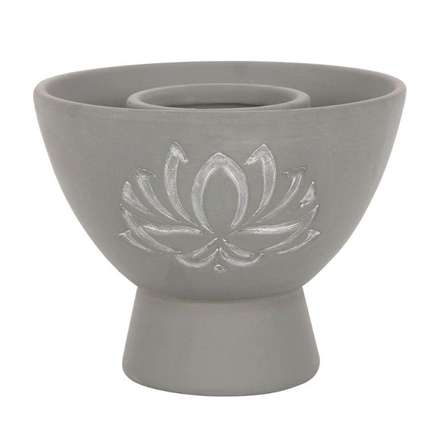 Elegant grey terracotta smudge bowl with a lotus design, ideal for burning herbs or as a decorative catch-all.