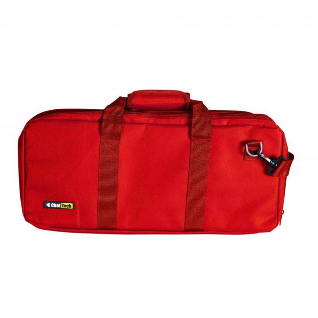 Red Chef Knives Roll Bag with 18 pockets, padded fabric, vented compartments, and adjustable strap for easy transport.