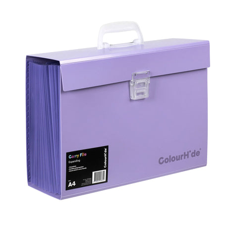 Vibrant purple expanding carry file with 19 pockets, secure latch, carry handle, and moisture-resistant PP material.