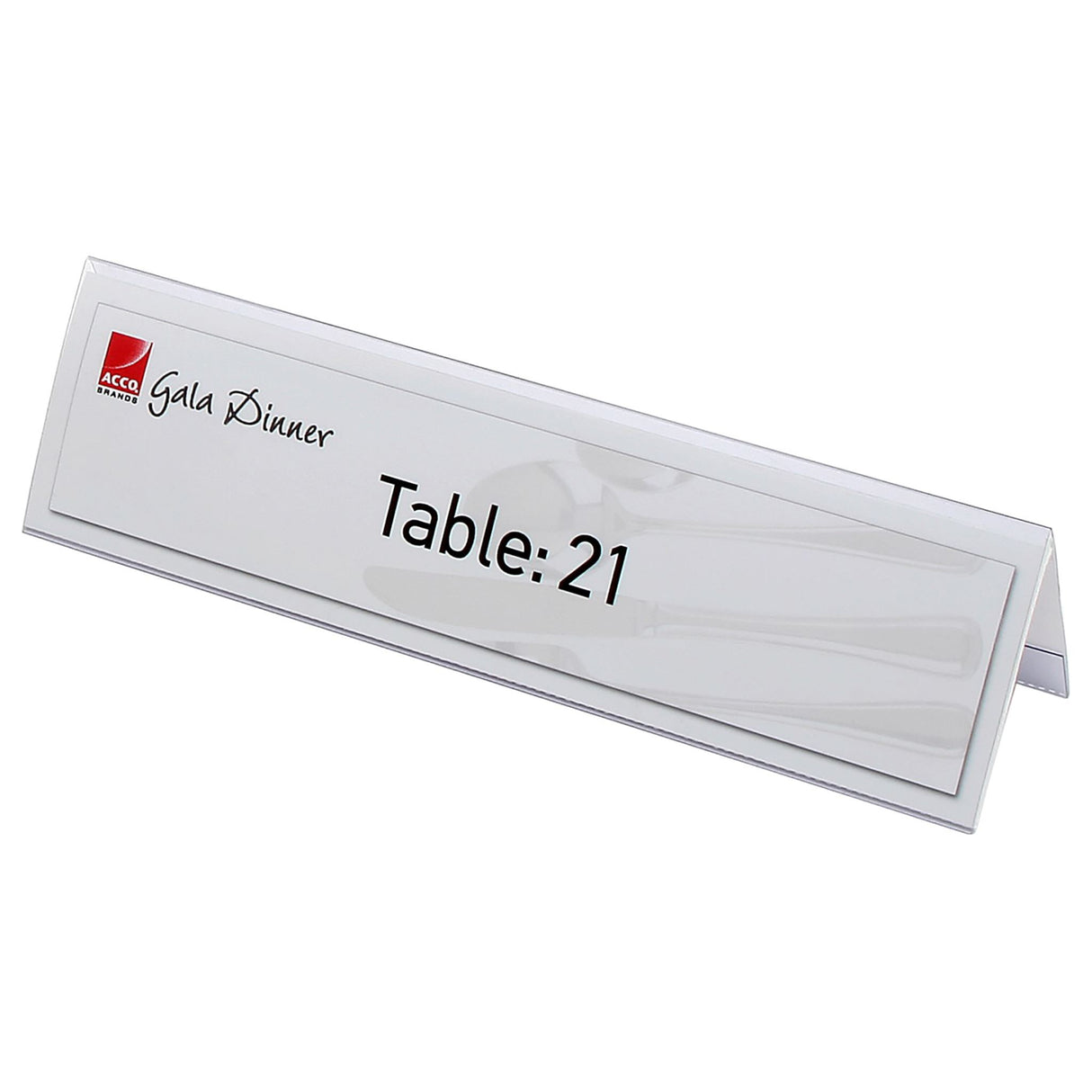 Clear plastic name plates (59x210mm, box of 25) for displaying names and titles in meetings and events.