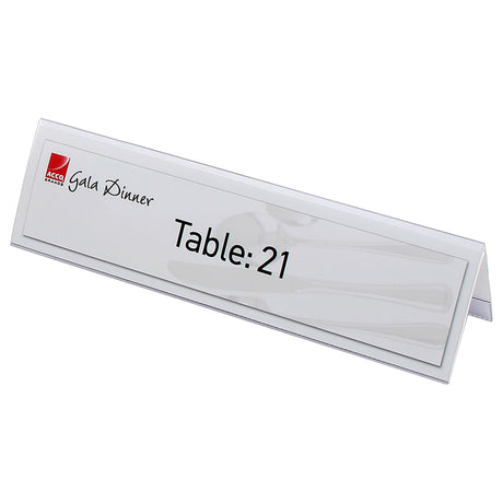 Clear plastic name plates (59x210mm, box of 25) for displaying names and titles in meetings and events.