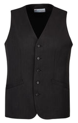 Men's Longline Vest in black, featuring a five-button front, functional pockets, and a stylish hip-length design.