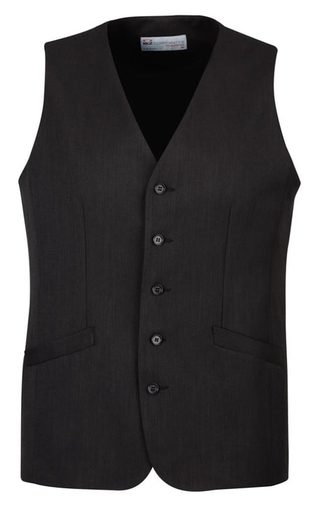 Men's black longline vest from Biz Collection, featuring a 5-button front, breathable fabric, and stylish functional pockets.