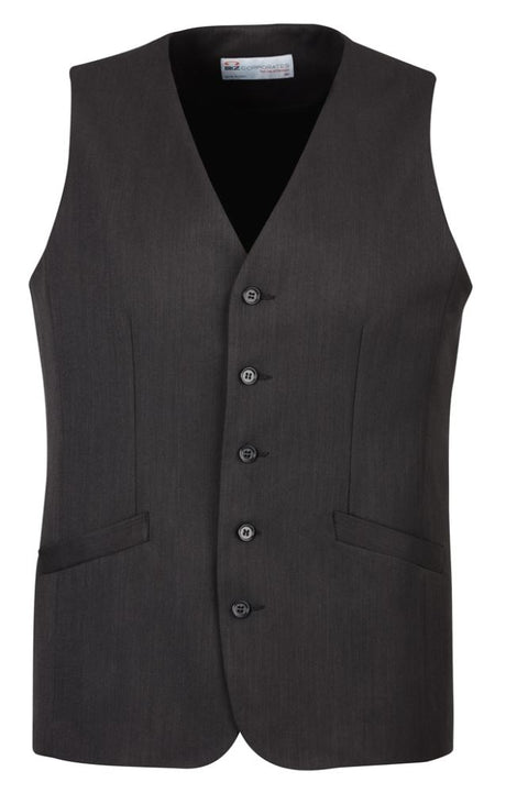 Stylish charcoal longline vest for men with a five-button front, functional pockets, and a tailored fit for versatile layering.