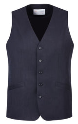 Men's Navy Longline Vest by Biz Collection featuring a 5-button front, hip-length design, and functional external pockets.