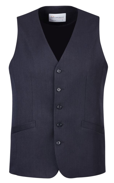 Men's Navy Longline Vest with a 5-button front, hip length, and functional pockets, crafted for modern style and comfort.