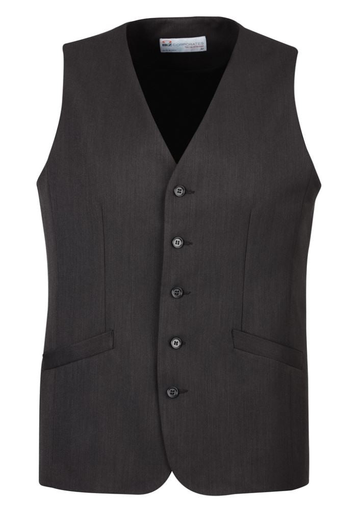 Men's charcoal longline vest featuring a 5-button front, functional pockets, and a flattering hip-length design for versatile layering.