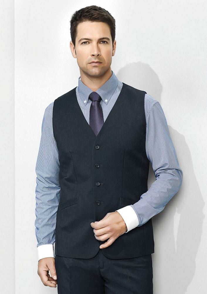 Navy Mens Longline Vest by Biz Collection, featuring a classic five-button front and functional pockets for versatile style.
