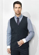Navy Mens Longline Vest by Biz Collection, featuring a classic five-button front and functional pockets for versatile style.