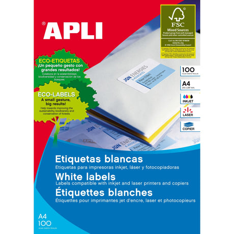 Apli Labels A4 105x74mm Square, 100 sheets of premium white labels perfect for inkjet/laser printers, with permanent adhesive.