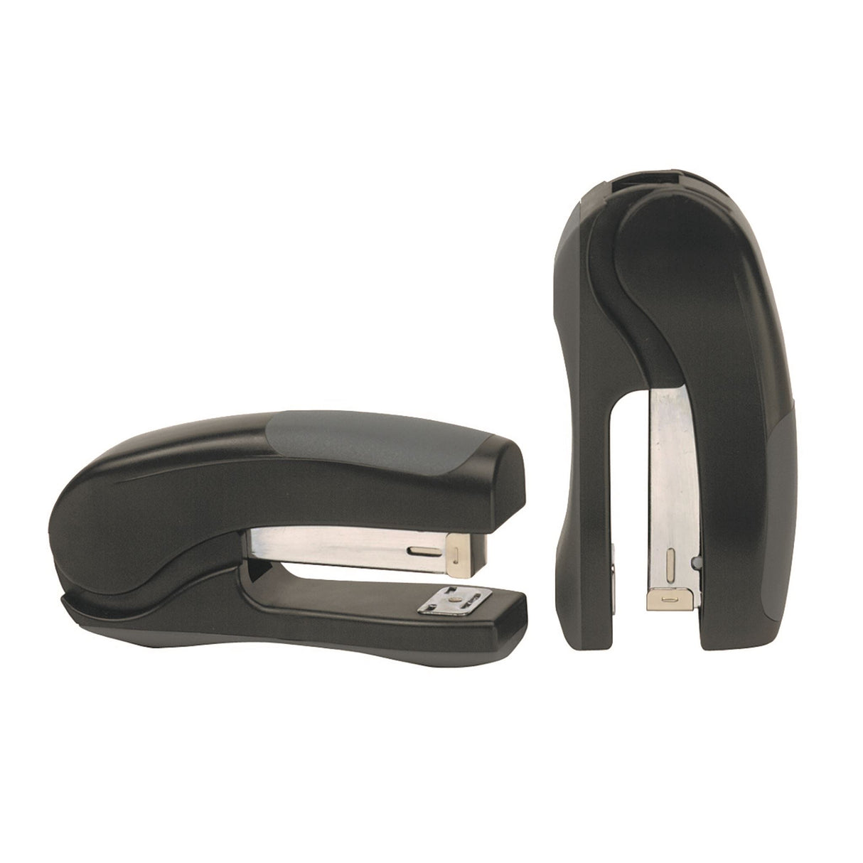 Marbig Half Strip Standup Stapler in black, staples up to 25 sheets, designed for efficiency and minimal desk space.