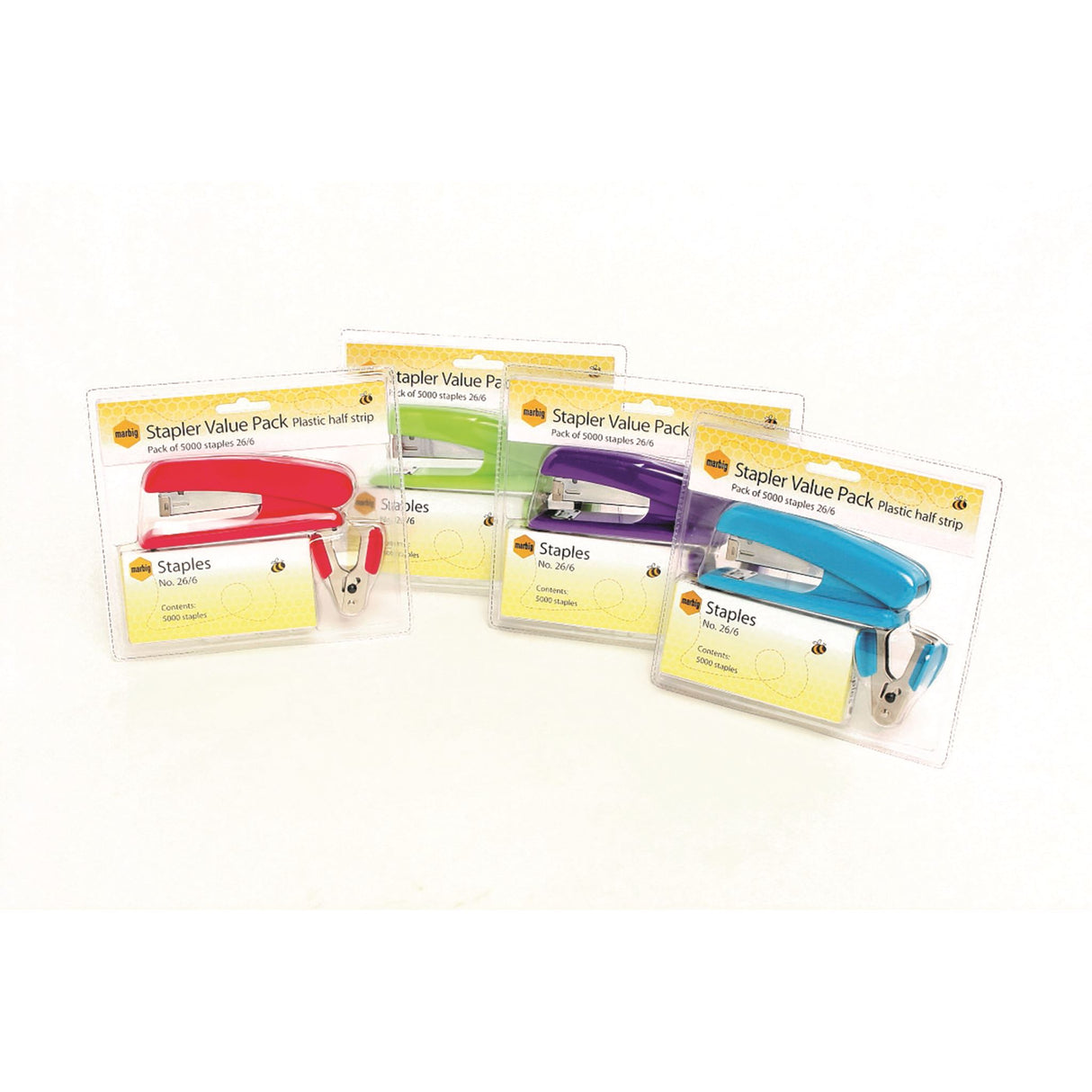 Brightly colored Marbig stapler set with 5000 staples and remover, 20-sheet capacity, ideal for efficient and stylish binding.