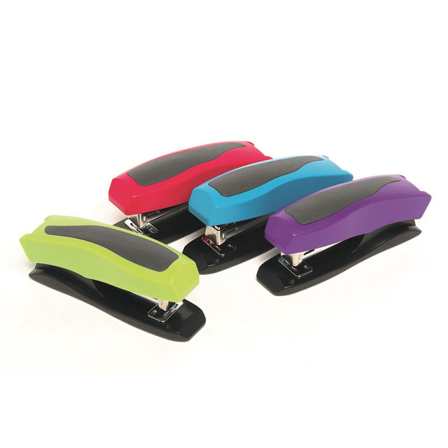 Vibrant Marbig stapler in blue, pink, purple, and green, staples up to 20 sheets, features rubber feet for desk protection.