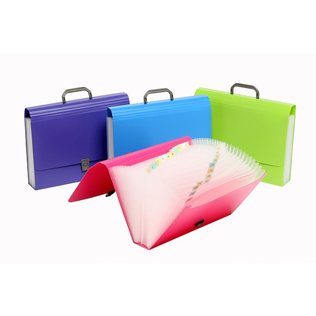 Brightly colored Marbig Expanding Case with 26 pockets, handle, and secure latch for organized document storage.