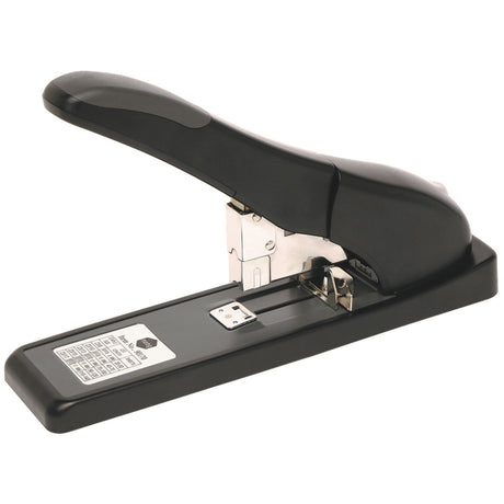 Heavy-duty black stapler capable of binding up to 140 sheets with durable steel construction and adjustable throat depth.