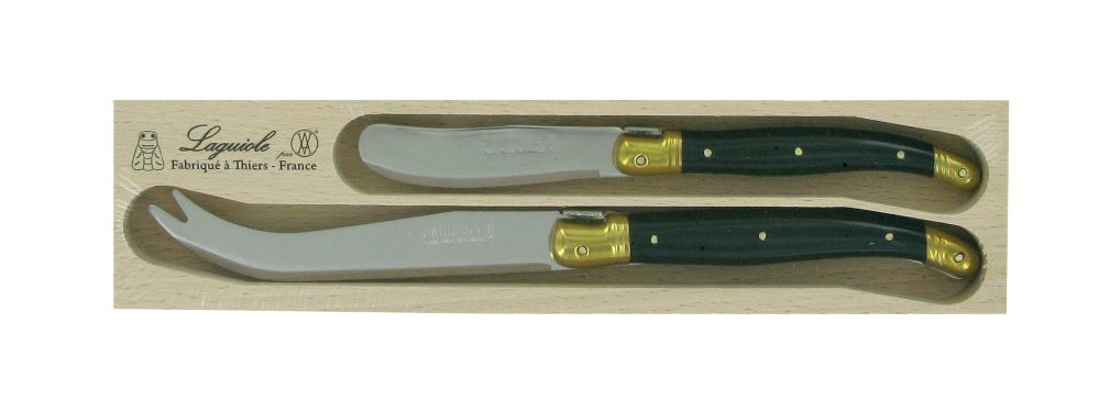 Two-piece cheese knife set with stainless steel blades, resin handles, and brass bolsters, featuring the iconic Laguiole Bee.