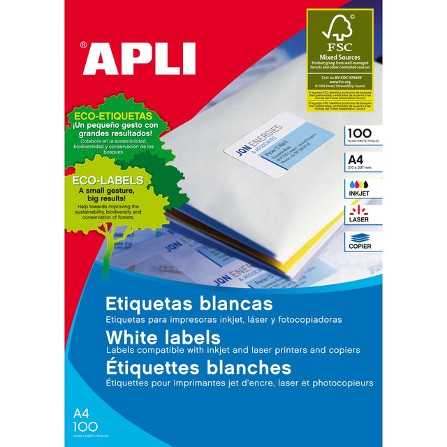 Premium Apli A4 round labels (99x139mm) on 100 sheets for inkjet and laser printers, ideal for versatile labeling projects.
