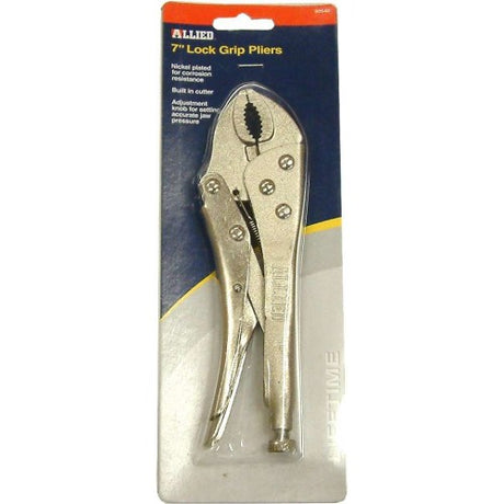 Allied 7" Lock Grip Pliers with built-in cutter, adjustable knob, and nickel-plated finish for corrosion resistance.