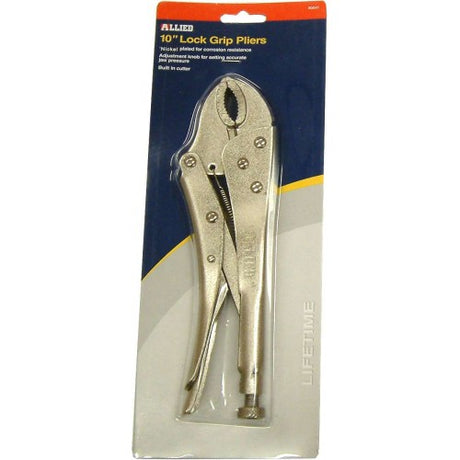 Lock Grip Pliers - Allied #90541: 10" pliers with curved jaws, built-in cutter, nickel-plated finish, and quick-release lever.