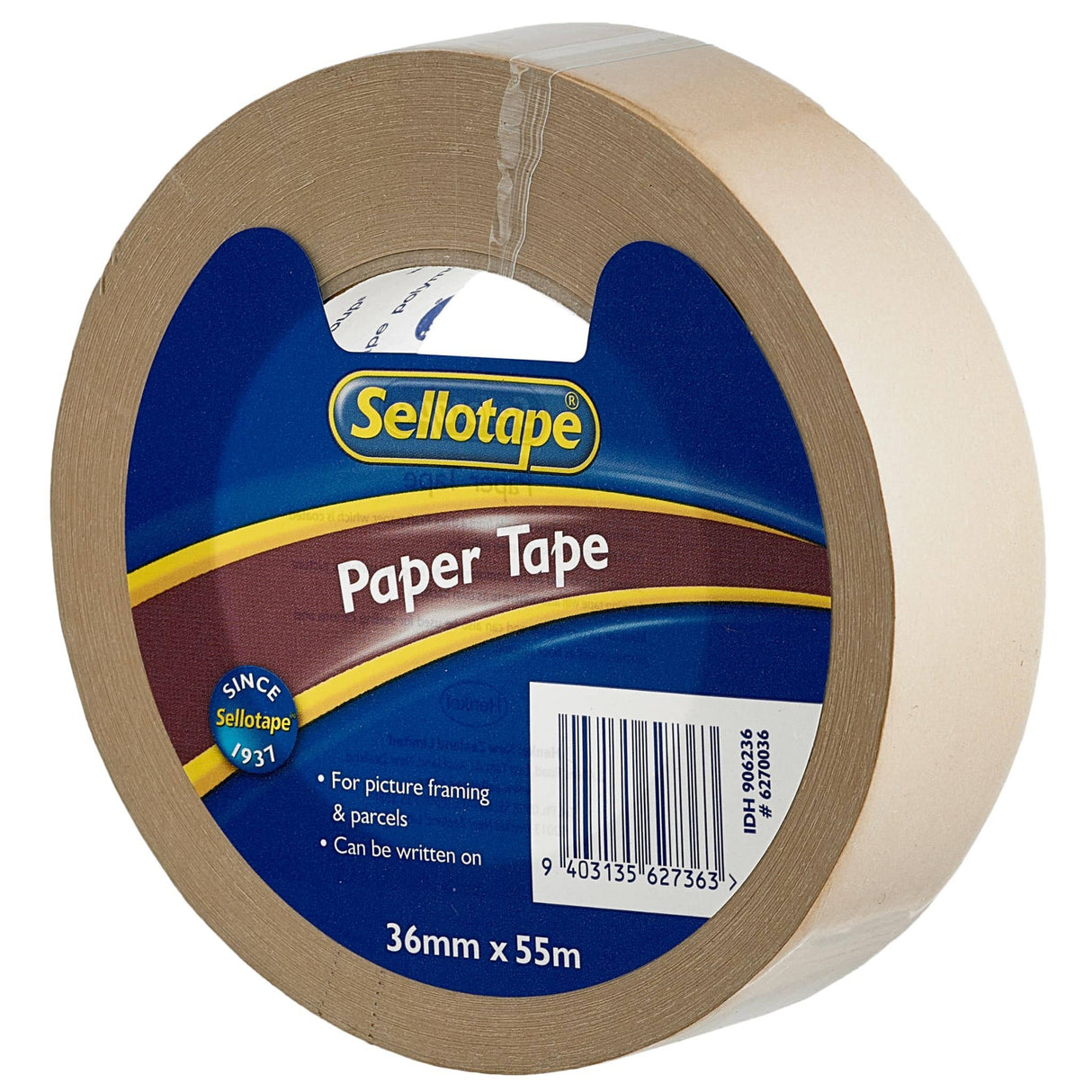 Sellotape 6270 F/Back Paper, 36mm x 55m, versatile tan tape for framing, parcel sealing, and crafting with writable surface.