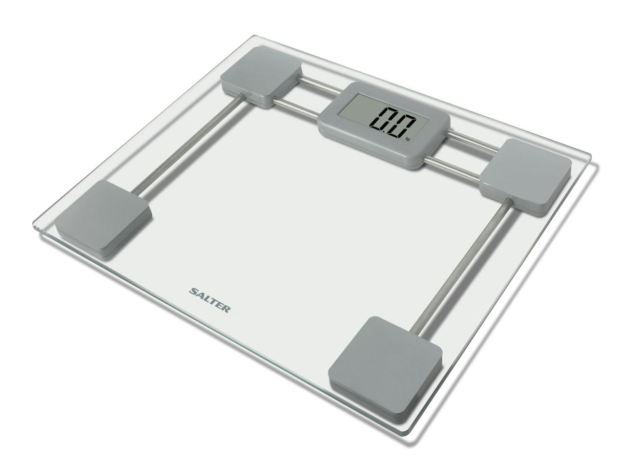 Sleek Salter Compact Glass Bathroom Scale with durable glass, LCD display, 150 kg capacity, and instant weight readings.