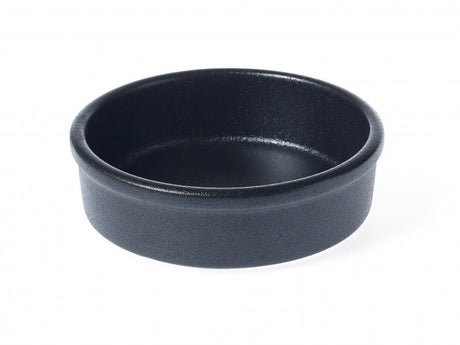 Set of 6 sleek black porcelain tapas dishes, 140x45mm, perfect for serving appetizers and enhancing food presentation.