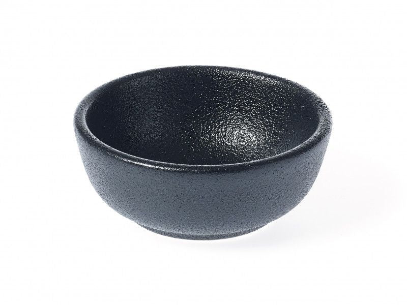 Set of 12 black porcelain sauce dishes, 8cm wide and 3.2cm high, ideal for serving condiments stylishly.