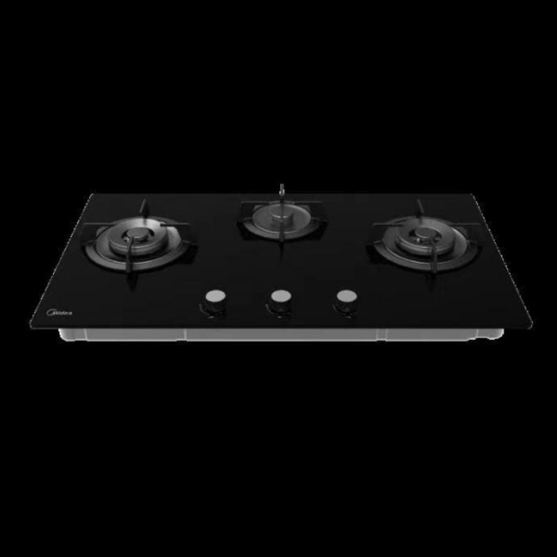 Midea 90cm gas cooktop with black glass surface, 3 burners including 2 wok burners, automatic ignition, and safety features.