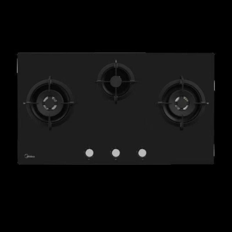 Midea 90cm gas cooktop with black glass surface, three burners, automatic ignition, and flame safety features.