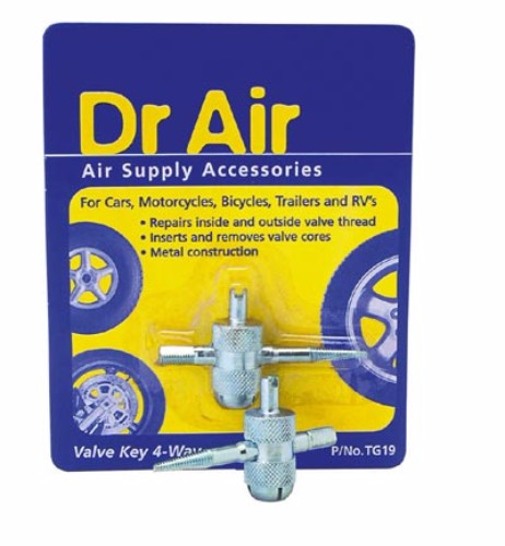 Tyre Valve Tool 4-Way - DR AIR for easy repair of valve threads, inserts/removes cores, robust metal design for vehicle maintenance.