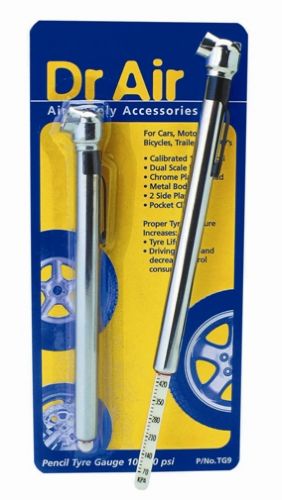 Dr Air Pencil Tyre Gauge 100PSI with chrome head, metal body, measures 10-100 PSI, dual scale for accurate readings.