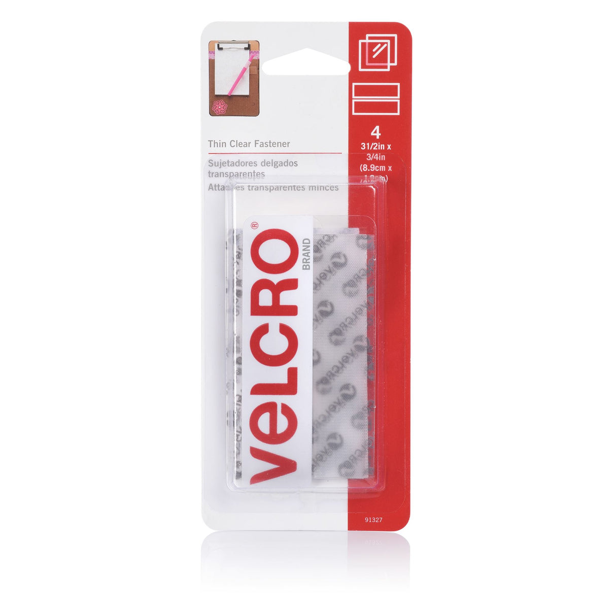 VELCRO® Brand Thin Clear Strips in a pack of 4, perfect for discreet fastening on glass and plastic surfaces.