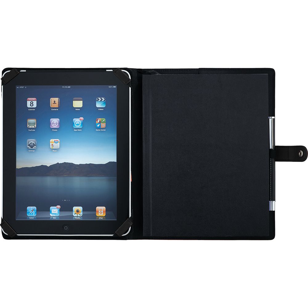 Tablet and e-book holder with adjustable brackets, elastic pen loop, and pocket for business cards in stylish JournalBook design.
