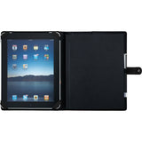 Tablet and e-book holder with adjustable brackets, elastic pen loop, and pocket for business cards in stylish JournalBook design.