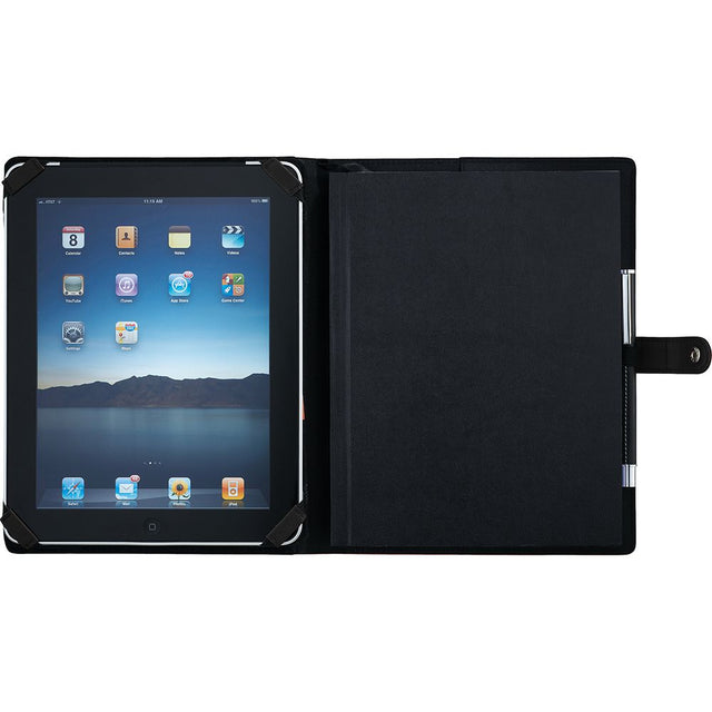 Tablet and e-book holder with adjustable brackets, elastic pen loop, and pocket for business cards in stylish JournalBook design.