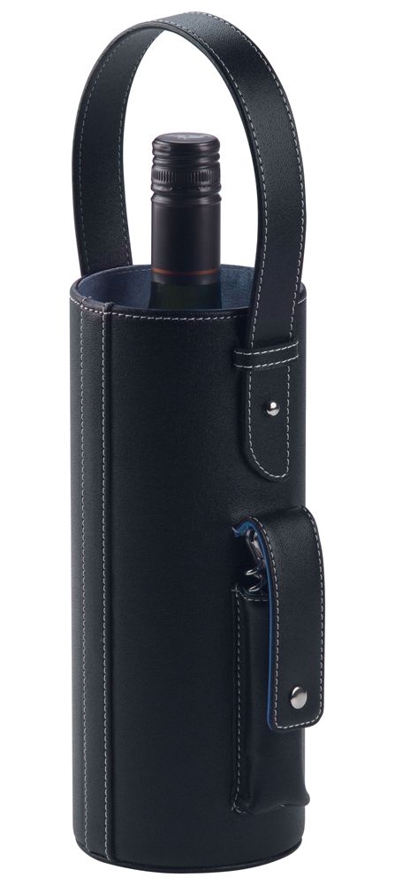Elegant single wine bottle carrier in imitation leather with suede lining, includes a stainless steel waiter's friend for easy serving.